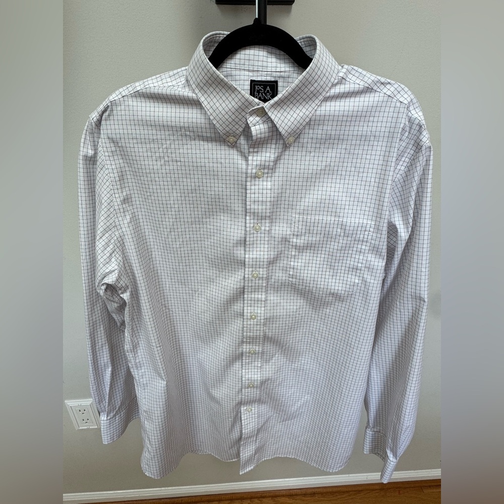 Jos. A. Bank Men's Traveler Tailored Fit White Shirt with Red and Blue Plaid